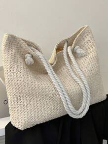 Women's Summer Straw Woven Tote Bag, Large Capacity Shoulder Hand Bag, Eye-Catching Beach Bag Summer, Summer Straw Beach Bag For Women, Hottest Beach Bags For Women, Fashion Summer Vacation Bag, Beach Essentials Women Bags For Vacation & Holiday, Newest Holiday Bag , Beach Bag - Beige - View 8