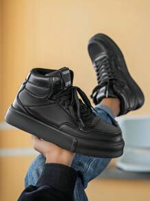 Men's Classic Black Letter Splice Lace-Up Round Toe Casual Sneakers, Streetwear High-Top Comfortable Skateboarding Shoes For Youths - Black - View 4