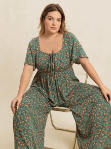 Rusttydustty Tuta a maniche corte con scollo quadrato, a fiori stile boho, con arricciature, per taglie forti, abbigliamento da spiaggia, vacanza tropicale, costume da festival musicale, pasqua