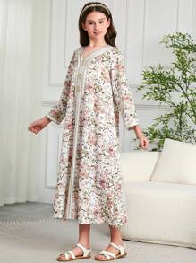 Tween Girls' Arabian Dubai Style Print Loose Long Dress/Robe - Multicolor - View 4