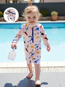 6M-4T Toddler Baby Boy Girls Dinosaur Swimsuit Half Zipper Long Sleeve Rash Guard Bathing Suit With Sun Hat With Neck Flap 2Pcs Set - Khaki - View 4