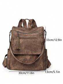 女士复古休闲简约百搭背包时尚软皮大容量户外旅行流苏背包，适合学校、大学、初中、高中、通勤、办公室工作 - 棕色 - 查看 4