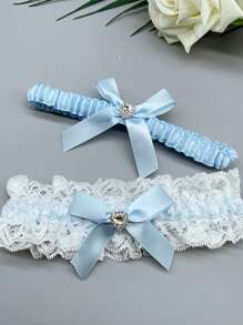 1 par Liga de novia elástica con diamantes de imitación en forma de corazón, con encaje y detalle de lazo para boda, fiesta o baile de graduación - Multicolor - Ver 13