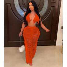 Two Piece Outfits For Women Bikini Swimsuits Beach Cover Up Crochet Tassels Halter Top Long Pants Set