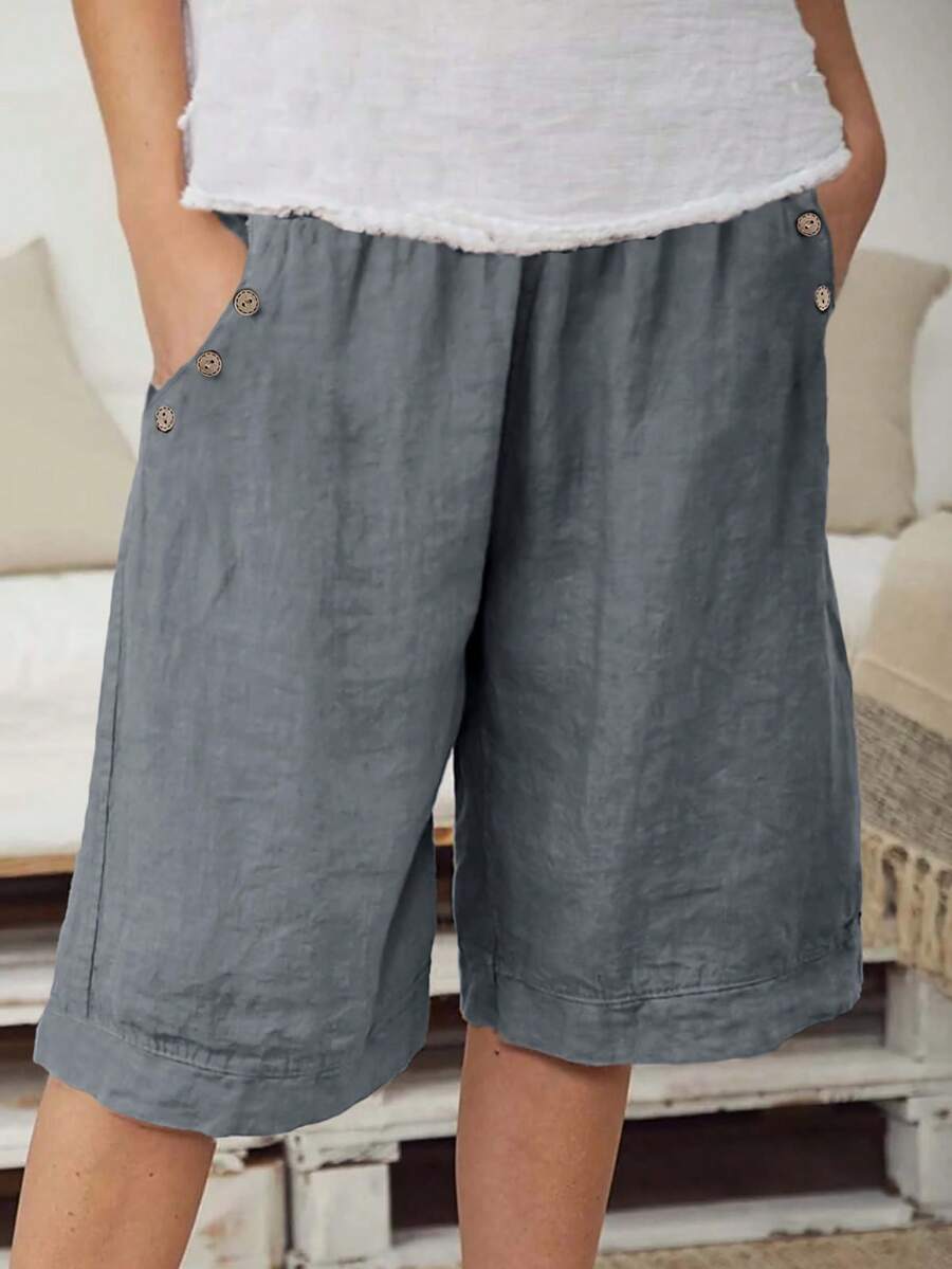 Pantalones cortos casuales relajados con botones y bolsillos para mujer de talla grande - Gris Oscuro - Ver 1