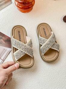 Cute Pearl Decor Open Toe Slippers For Girls Breathable Lightweight Non Slip Beach Slippers For Outdoor Activities - Apricot - View 1