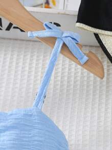 Young Girl Cute Bowknot Adjustable Strap Pleated Double-Layer Hem Light Blue Dress - Blue - View 3