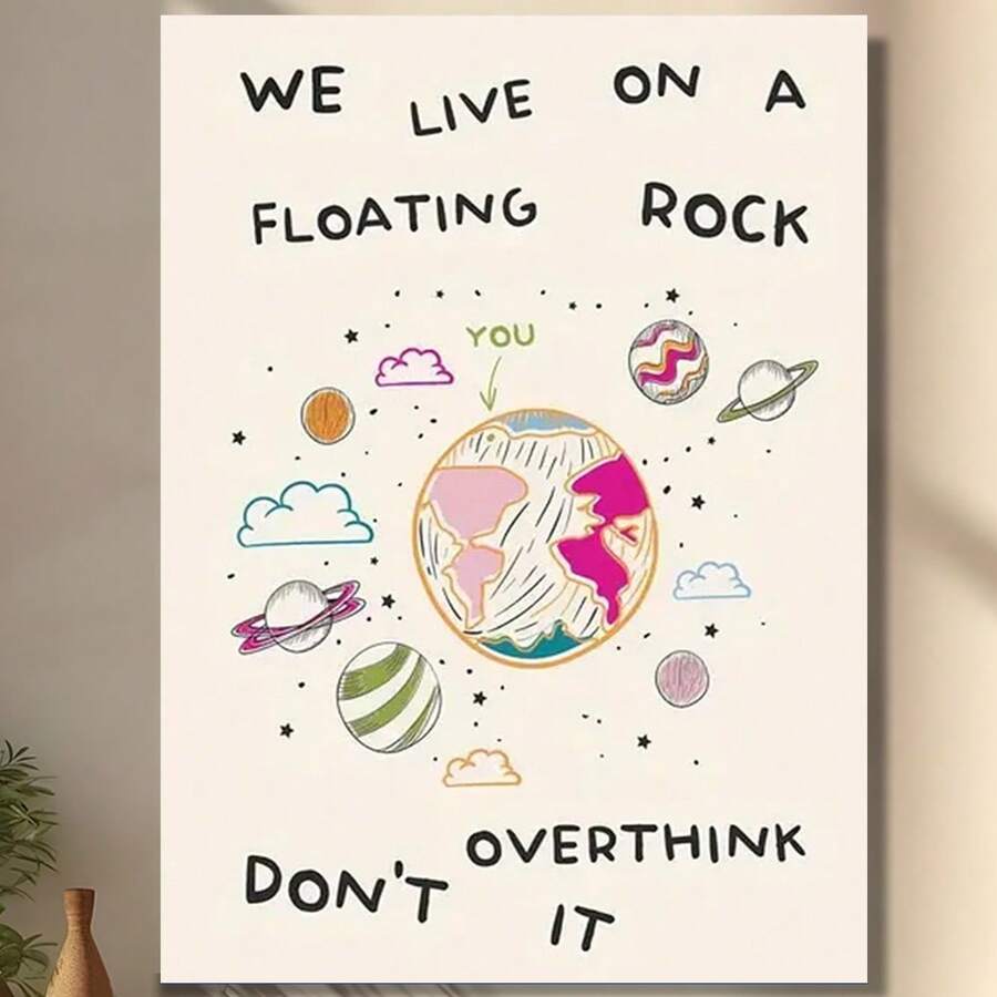 Framed Canvas Poster, "We Live Floating On A Rock" Quote, Artistic Modern Vintage Style,  Wall Art For Home Office, Bedroom, Living Room, Kitchen, Bathroom, Spring & Winter Season, Indoor & Outdoor Use, Letter Print Birthday Party Decor, Mother's Day New Year Easter Gift,  Home Living Room Office Wall Decor, Perfect Gift And Wall Decoration