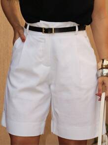 EMILI LLANA MODA Women's Bermuda Shorts With Pockets In Linen With Polyester Simple Casual - 白色 - 查看 4