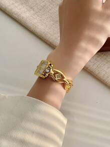 1 件女孩优雅简约石英表，矩形表盘，合金指针，电子机芯，奢华水钻仿真手镯腕表 - 金色 - 查看 4