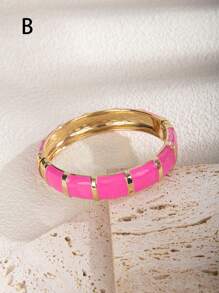 1pc Fuchsia Drip Oil Geometric Open Bangle Bracelet, Suitable For Daily, Gathering And Vacation - Hot Pink - View 2