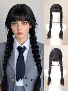 24-Inch Black Braided Wigs With Pigtails, High-Temperature Fiber For Cosplay Performance