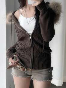 Women's Vintage Faux Fur Trim Hoodie Sweater Zip Up Cable Knit Slim Y2k Cardigan - màu nâu - Xem 2