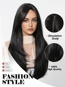 26Inch Black Long Straight Hair Wig Natural Layered Wig Synthetic Heat Resistant Wig Suitable For Women's Daily Party Cosplay - màu đen - Xem 4
