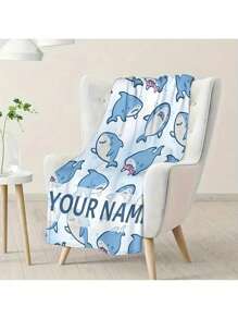 1pc Personalized Flannel Blanket With Cartoon Shark Graphic, Decorative Blanket For Sofa, Living Room, Bedroom Home Decor, Extra Thick & Soft, Suitable For All Seasons, Great Gift For Family & Friends