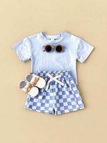 Baby Boy 2pcs/Set Casual Solid Color Short Sleeve T-Shirt With Plaid Patterned Shorts, Summer - Blue - View 7
