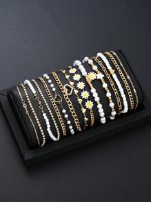 12pcs/15pcs Minimalist Style Daisy, Heart, Pearl & Butterfly Anklet, Fashion Women Accessory For Birthday, Vacation, Beach Party, Daily Matching - Multicolor - View 4