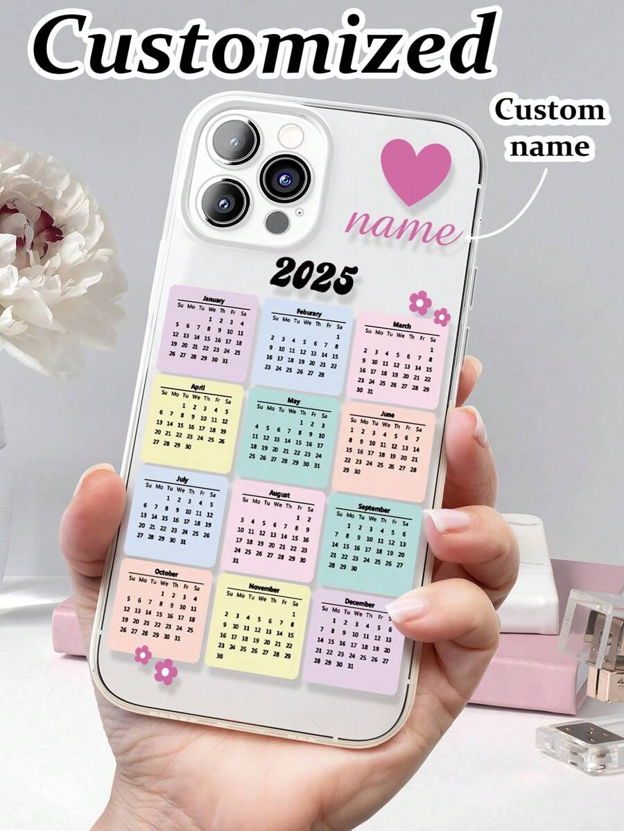 可定制心形日历手机壳，带字母名称和简约卡通绘画，防震加厚保护套，兼容 iPhone 16/16 Pro Max、XR、7/8、15 Pro Max、12/13/14 Pro Max、13/14、11/12；A13/A22/A21S/A51/A52/S22 Ultra、Redmi 10/Note 11/Poco A53/A14/A23/S23 Ultra/S24、手机