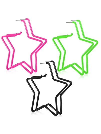 1/3Pairs Neon Earrings 70s 80s Party Retro Earrings Gifts For Women, Fluorescent Color Acrylic Oversized Geometric Shape Pentagram Hoop Earrings Set, Suitable For Women's Daily Wear & Costume Party Earrings