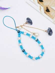 1 pieza Correa de muñeca decorada con flor de cristal de lujo y cuentas, muñequera corta con rhinestones para mujer, accesorio para teléfono, cámara, USB, llaves, estuche de teléfono, regalo para madre, familia, amigos, cumpleaños, vacaciones