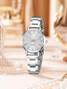 2 件银色合金表带女士手表套装时尚简约石英表手链套装适合日常服装搭配 - 銀色 - 查看 2