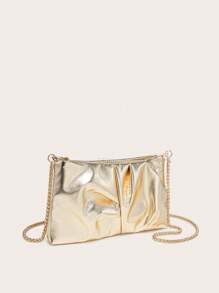 Túi đeo vai vuông dành cho nữ, chất liệu da PU xếp ly, họa tiết nứt, dây xích kim loại, nhẹ nhàng và thời trang, phù hợp cho các buổi đi chơi và mua sắm. - Vàng - Xem 3