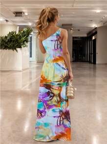 Vestido Estampado Largo Elegante con Hombro Asimétrico Descubierto y Abertura en la Pierna con Detalle de Cinturón para Mujer - Naranja - Ver 2