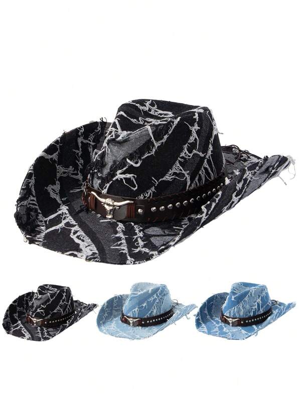 1pc Splice Casual Polyester Denim Cowboy Hat With Tassels, 3D Carved Distinct Texture, Silver Bull Head Rivets, Strap Leather Ribbon, Solid Color Denim Material, Denim Hat With Tassel Fringe