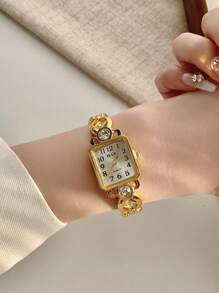1 件女孩优雅简约石英表，矩形表盘，合金指针，电子机芯，奢华水钻仿真手镯腕表 - 金色 - 查看 3