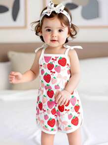 Toddler Baby Girl Summer Clothes Floral Romper Tie-Up Strap Halter Jumpsuit Infant Summer Sling Playsuit 6M-3T - 紅白色 - 查看 4