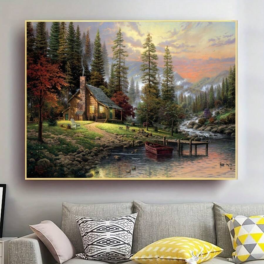 Lake Forest Wooden House Landscape Wall Art - Canvas Poster-1 Pc Wooden Framed Canvas Painting -  Thickness 2.25cm/0.9inch,Valentine's Day Decorations At Home,Valentine's Day,New Year,Home Gift Decoration, Room Decoration Aesthetic, Wall Decoration Art, Perfect Gift, Autumn And Winter Wall Decoration, Living Room Decoration, Bedroom Decoration, Kitchen Decoration, Entry Decoration, Bathroom Decoration, Direct Wall Painting, High Quality Wall Painting Poster ,Easter  Easter Decorations For Women - 彩色 - 查看 1