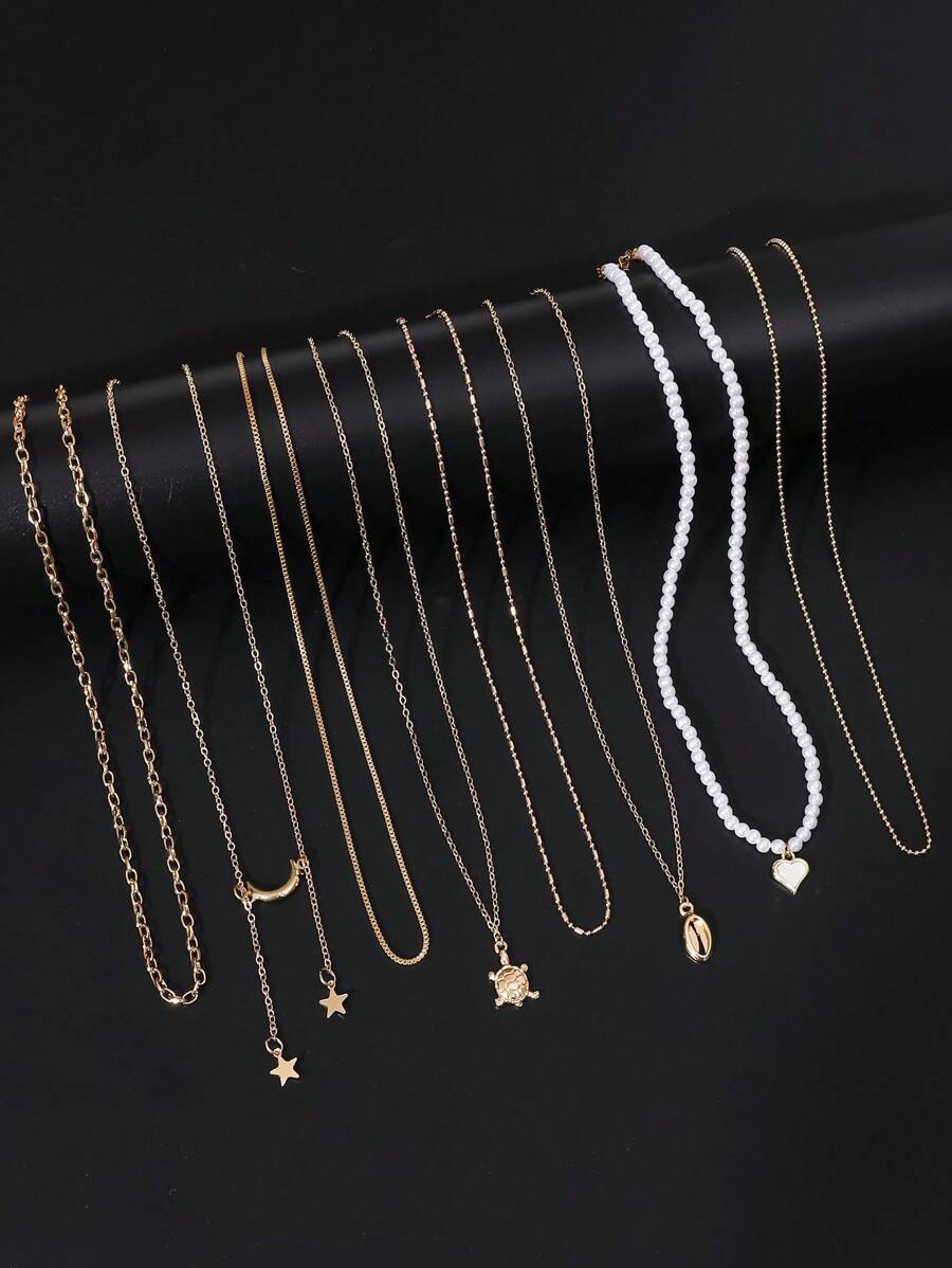 Lemon Dream 8 件/套时尚优雅金色星星、海龟、椰子、心形吊坠项链套装，适合女性日常佩戴、海滩度假、夏日约会 - 金色 - 查看 1