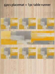 1/4/7 Placemat Table Runner, Turquoise Tablecloth, Teal, Yellow And Grey Tablecloth, Dresser Scarf, Abstract Art Table Tablecloth, Washable Rectangular Table Set Decoration, Suitable For Dining Room, Table Decoration, Wedding, Party Gathering, Daily Holiday Kitchen Banquet Table Decoration - Multicolor - View 12