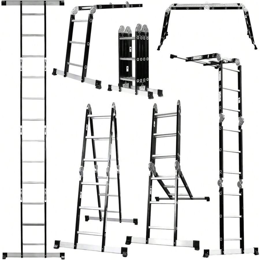 Excel Aluminium Rungs Combination Ladder 4 X 3 Tread Multipurpose 12 Tread 3.5m Heavy Duty With 2 Scaffold Platforms, 8077, Silver - Default - View 1
