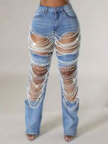 Women's Fashionable Straight Leg Large Hole Pearl Chain Decoration Mid Waist Jeans, Casual Street Pants - Màu xanh lam - Xem 2