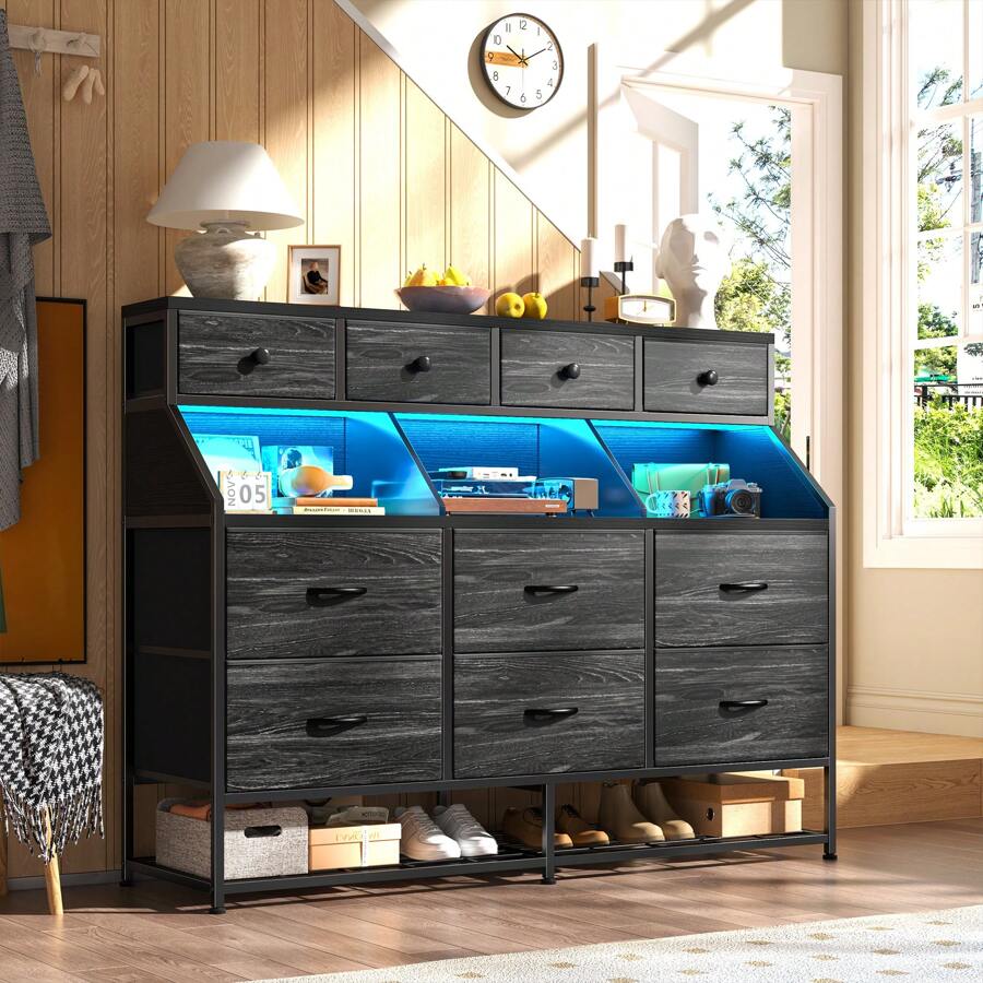 EnHomee Large Dresser With 10 Drawers & Shoe Rack & Acrylic Shelving Unit, Wide Dressers And Chests Of Drawers With Power Outlets And LED Lights Bedroom Dresser For Entryway, Halfway, Closet, Mother's Day Decor, Room Decor, Home Decor, Vintage Black Wood Grain - 查看 1