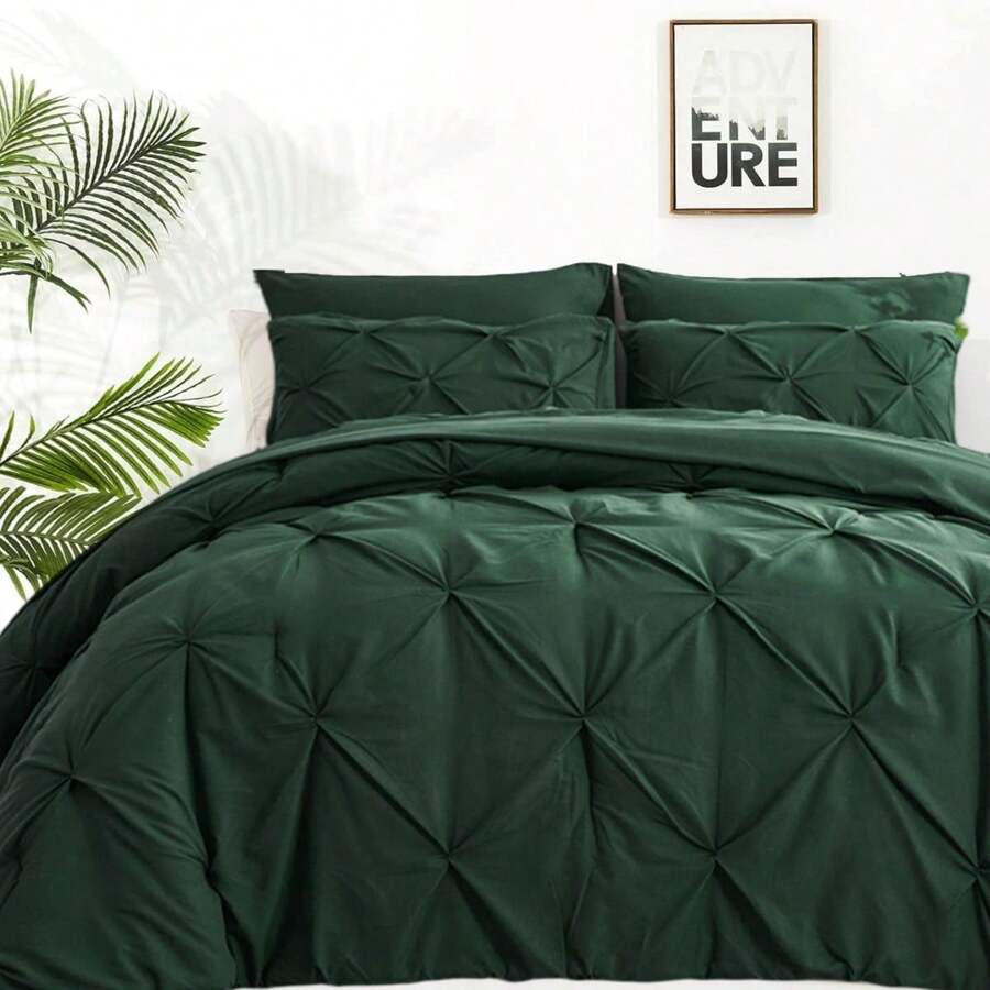 Juego de edredón King - Juego de ropa de cama King de 7 piezas, juego de cama con plisado en rosa que incluye edredón, sábanas, fundas de almohada y cojines