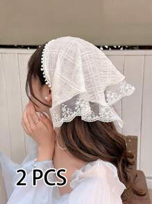 1件套蕾丝头巾，复古三角围巾，法式飘带发带，防晒发髻帽，丝巾，女士头巾帽，田园优雅发带，蕾丝边发饰，连衣裙配饰 - 米色 - 查看 17