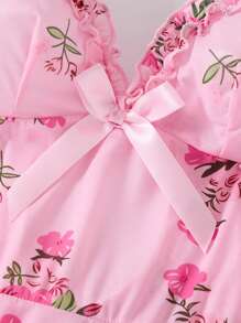 2 Pieces Sexy Lingerie Sleepwear Set - Complete 2 Pieces Set With Matching Thong, Delicate Ruffle Hem, Vibrant Floral Print - Pink - View 3
