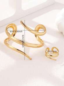 1 套简约时尚几何线条可调节手镯和戒指首饰套装 - 金黃色 - 查看 5