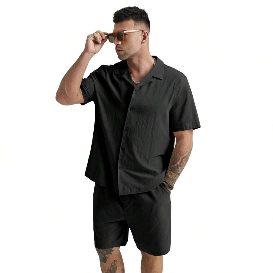 Linen T-Shirt And Premium Linen Bermuda Set For Men's Luxury Beachwear - 黑色 - 查看 1