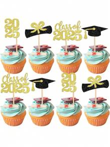 6/12/24 Peças Toppers de Cupcake de Formatura - Design vibrante de boné e diploma de graduação com glitter, palitos de madeira elegantes, adequados para sobremesas de festa de formatura, sem penas, sem necessidade de energia, decorações de comemoração | Tema de comemoração | Bambú durável, Decorações de Bolo de Formatura