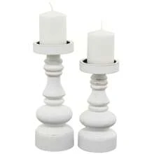 2 Candle White Wood Turned Style Pillar Candle Holder, Set Of 2 - White - View 1
