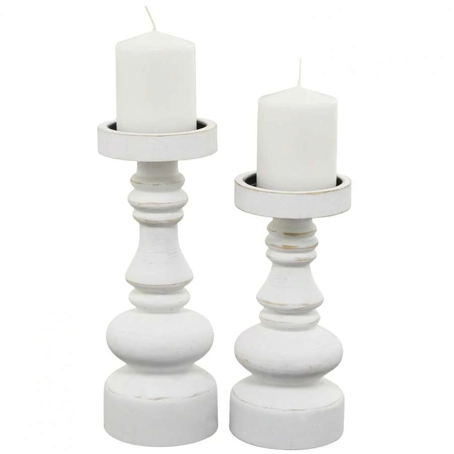 2 Candle White Wood Turned Style Pillar Candle Holder, Set Of 2 - White - View 1
