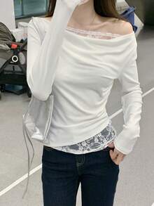 甜美性感蕾丝拼接修身长袖T恤，女士款，随机布料拼接，休闲春季白色 - 白色 - 查看 2