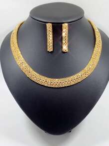 1set Shiny Gold Rhinestone Necklace & Earrings Set, Fashionable Party Accessory For Women