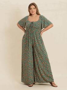 Rusttydustty Tuta a maniche corte con scollo quadrato, a fiori stile boho, con arricciature, per taglie forti, abbigliamento da spiaggia, vacanza tropicale, costume da festival musicale, pasqua