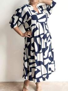 Vestito casual svasato da donna con scollo a V, maniche 3/4, tasche, taglie forti, stile ampio