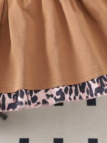 2pcs/Set Young Girl Retro Leopard Print Bow Decor Short Sleeve T-Shirt And Double-Layer Skirt Set, Summer