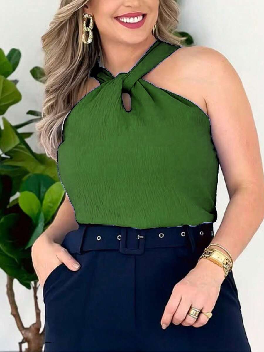 WOMEN'S TANK TOP WITH STRAP, SIMPLE KNOT NECK, CASUAL, SEXY 155 - Army Green - View 1